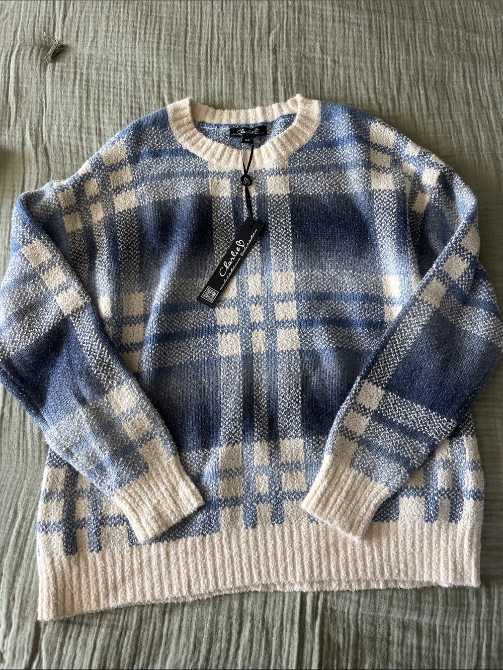 Women’s Blue and Cream Plaid Crewneck Sweater